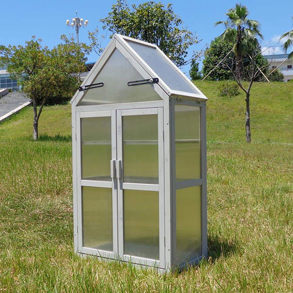 28 in. L x 16 in. W x 52 in. H Tiered Plant Stand Gray Mini Greenhouse Kit Plant Cabinet Outdoor Balcony Garden Backyard - Hercitys