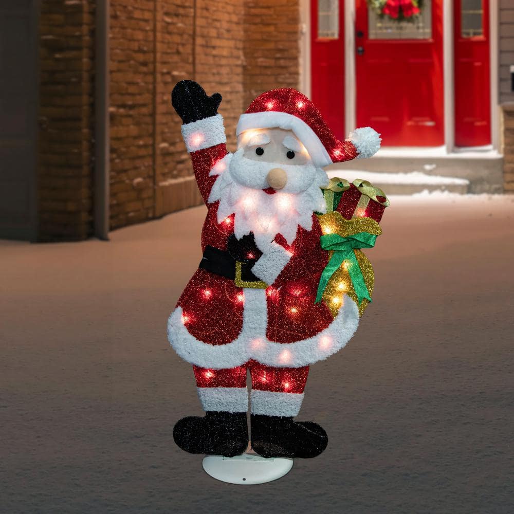 32 in. Red and White Lighted Waving Santa with Gifts Christmas Outdoor Decoration - Hercitys