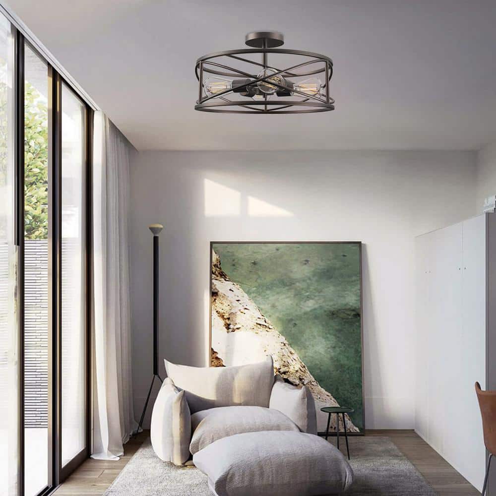 17 in. 4-Light Bronze Caged Drum Semi-Flush Mount - Hercitys