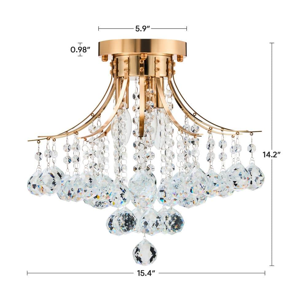 15.4 in. 3-Light Gold Crystal Chandelier Flush Mount Ceiling Light Fixture - Hercitys