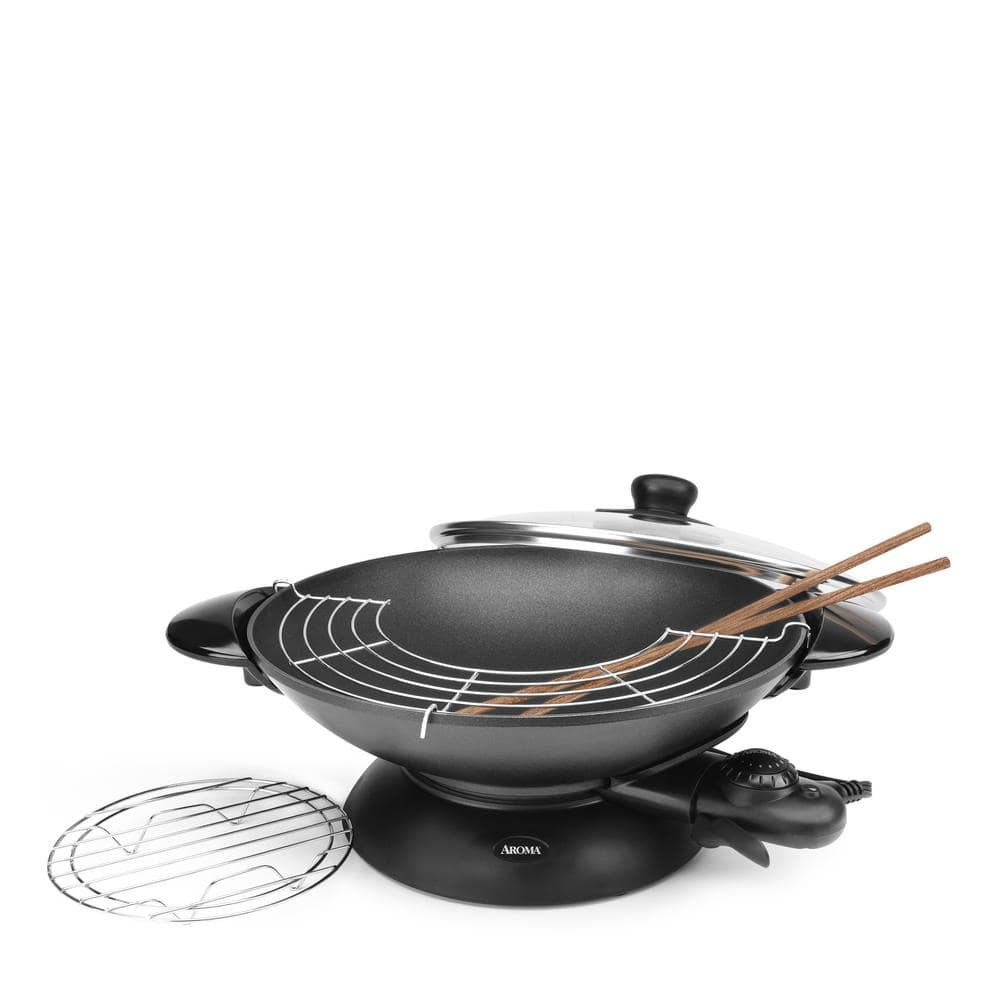 5 Qt. Black Cast Metal Non-Stick Electric Wok with Lid - Hercitys