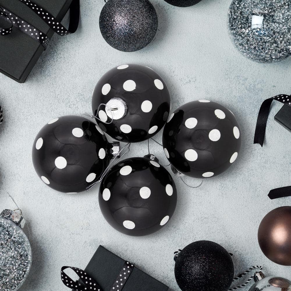 3 in. (80 mm) Black and White Polka Dots Christmas Glass Ball Ornaments (Set of 4) - Hercitys