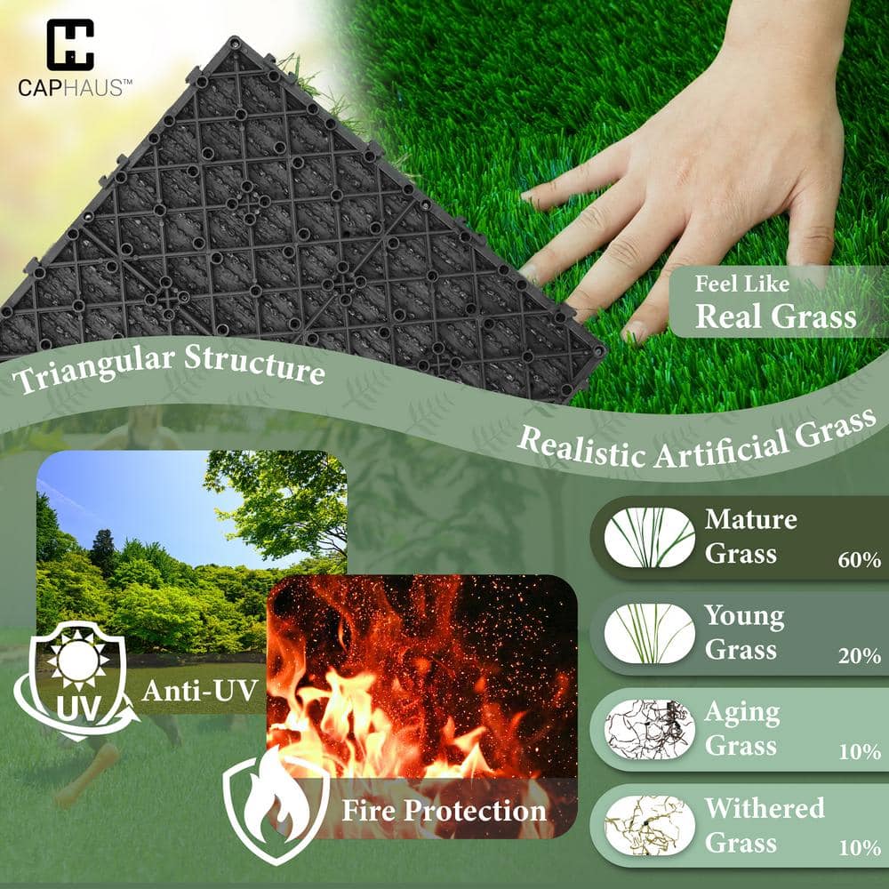 1 ft. x 1 ft. Green Artificial Grass Turf Tiles, Self-Draining Interlocking Faux Grass Pet Turf, Tile, Covers 6 sq. ft. - Hercitys