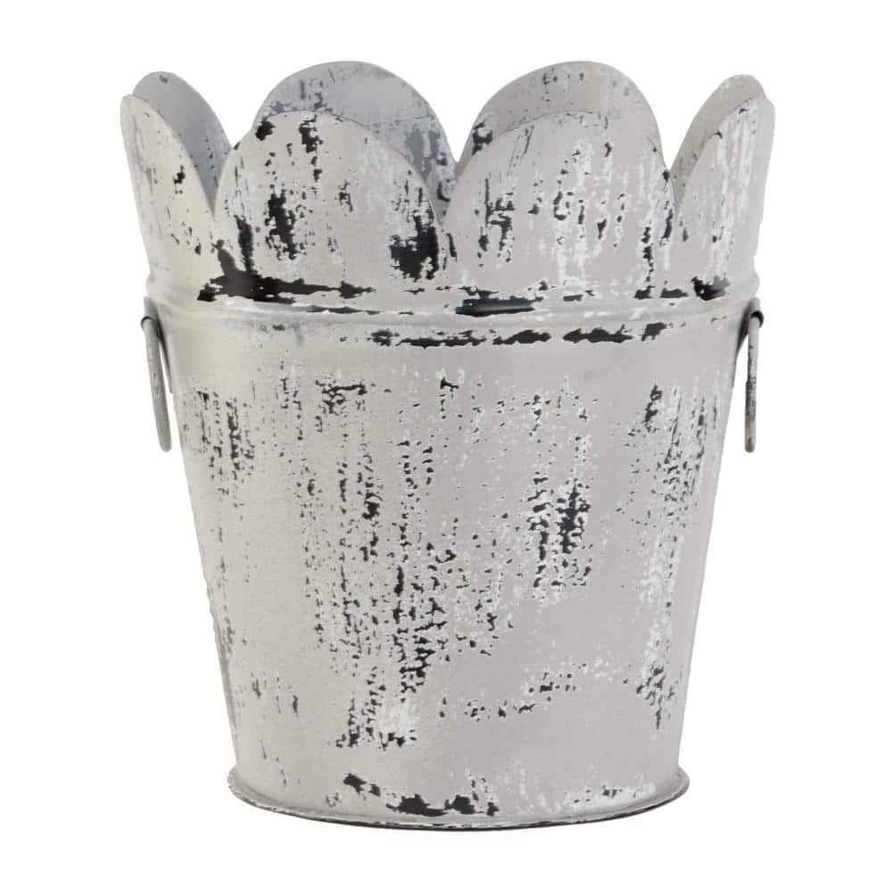 11 in. x 12 in. Farmhouse Style Distressed White Metal Scalloped Bucket Planter with Handles - Hercitys