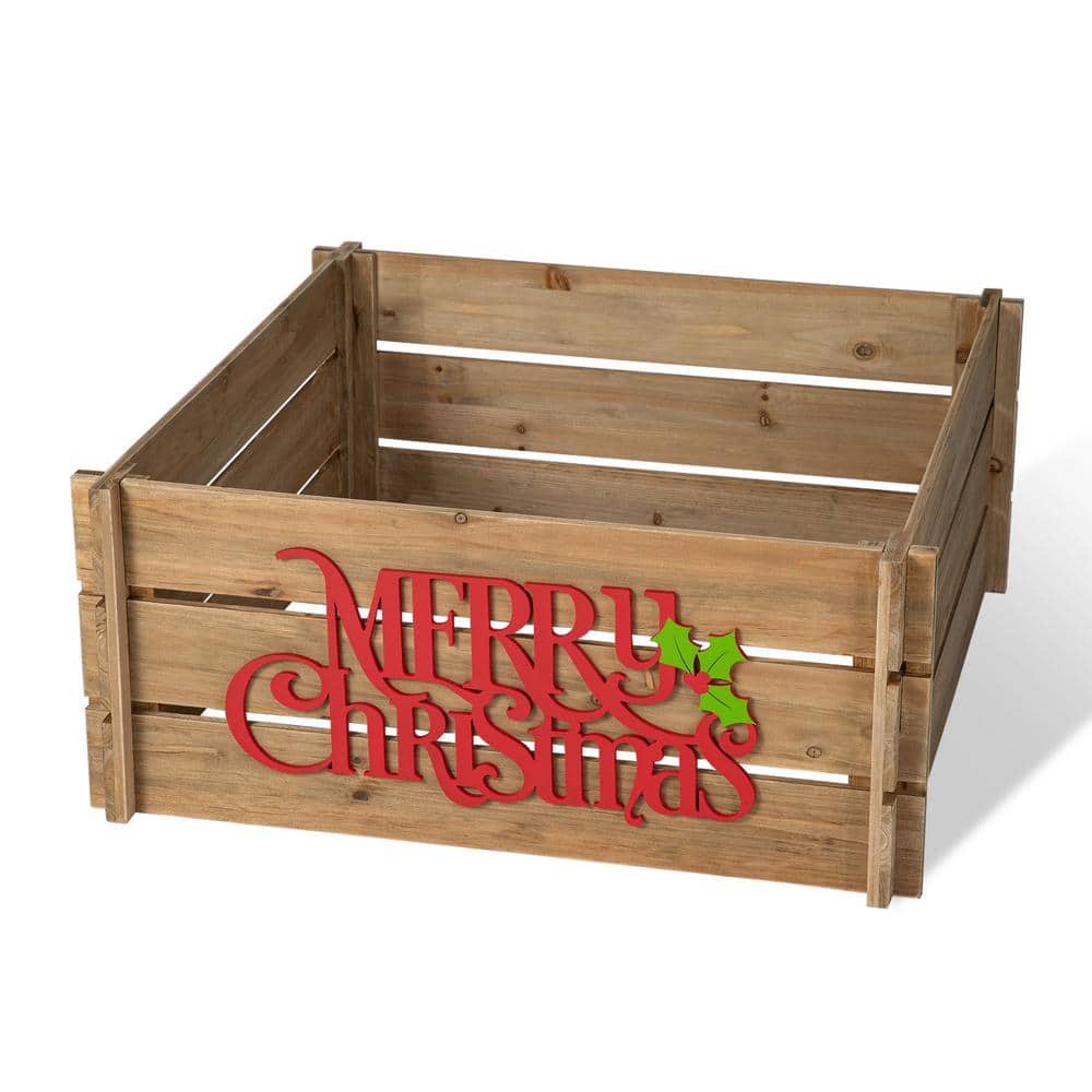 27 in. L Natural Wooden “MERRY CHRISTMAS” Solid Wood Crate Tree Collar - Hercitys