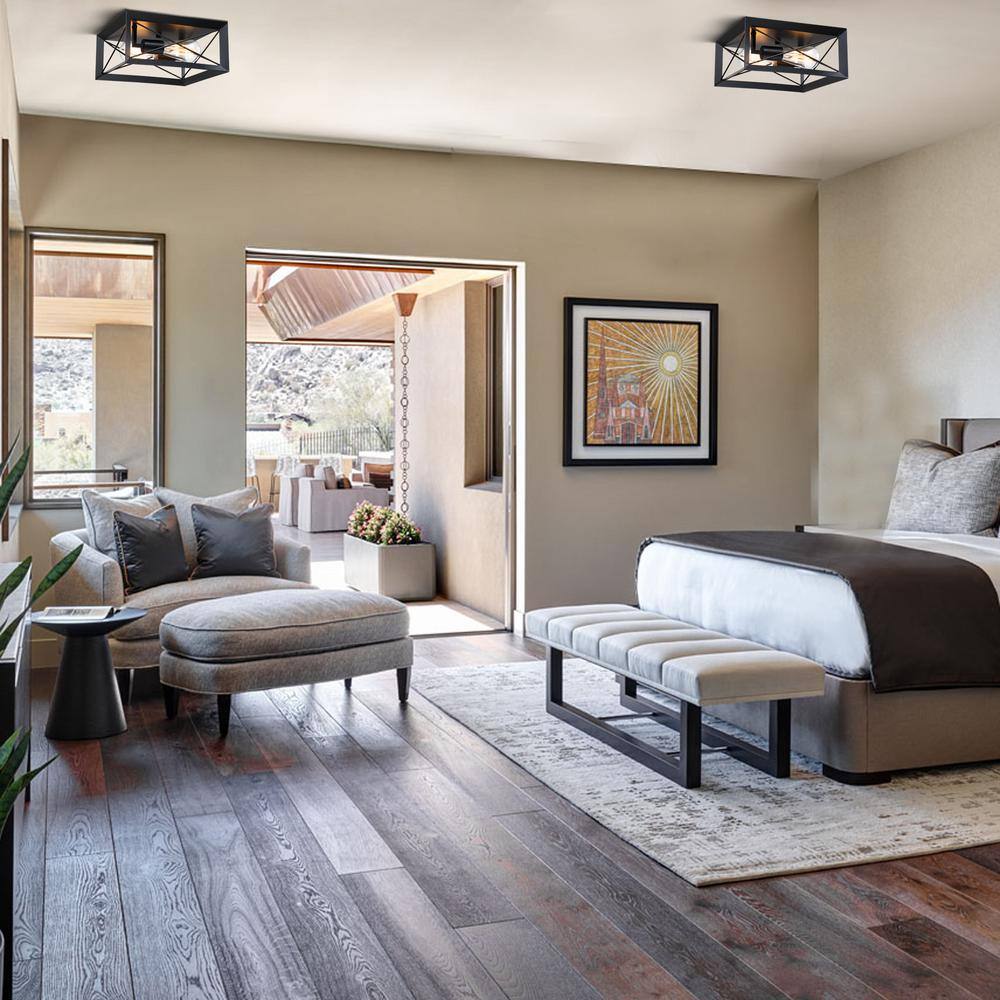 2-Light 12 in. Square Flush Mount Light Fixtures with Matte Black Finish - Hercitys