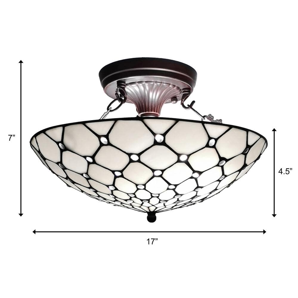 16 in. 2-Light White Tiffany Style Jeweled Flush Mount Ceiling Fixture Lamp - Hercitys