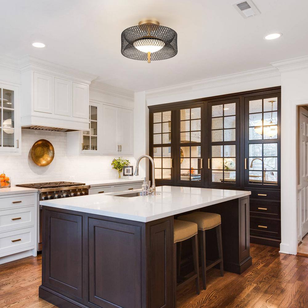 12.6 in. 23-Watt Black/Gold Integrated LED Semi-Flush Mount Ceiling Light with Drum Shade - Hercitys