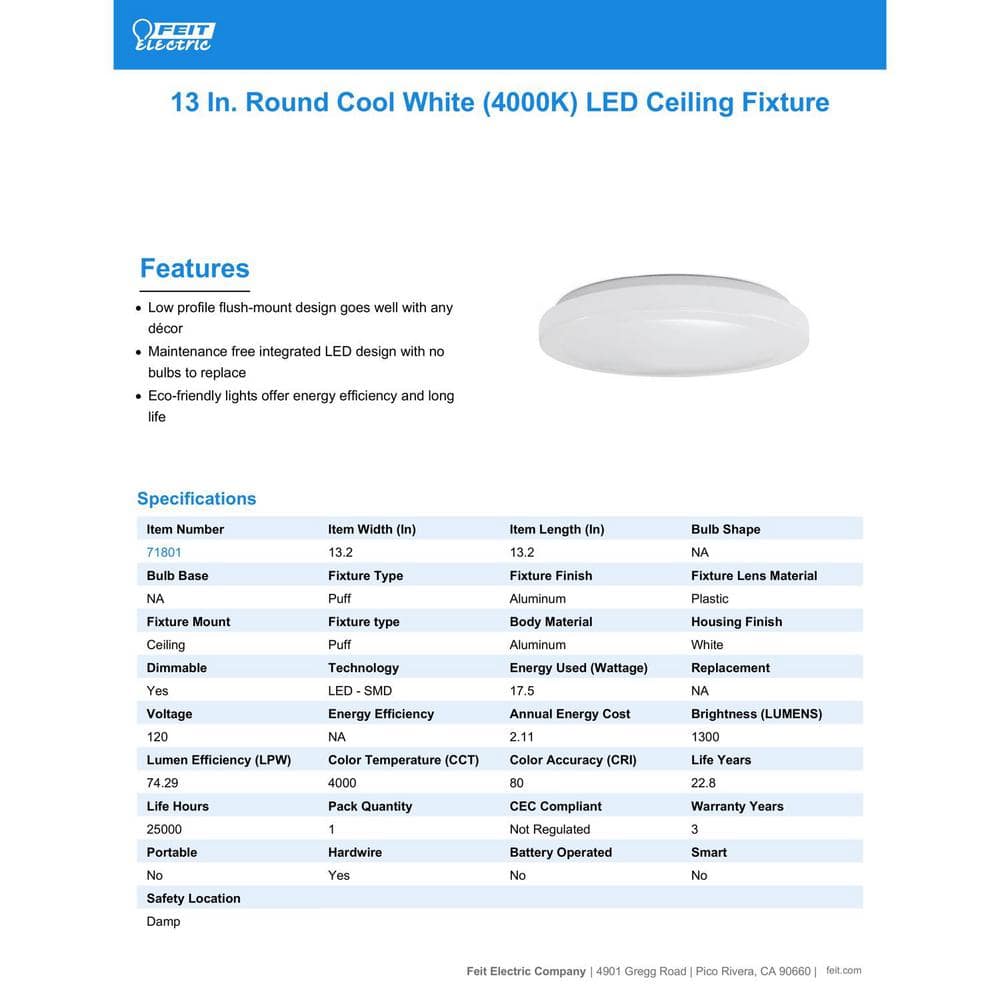 13 in. H X 13 in. W X 3.8 in. L 17-Watt White LED Flush Mount Ceiling Light Fixture - Hercitys