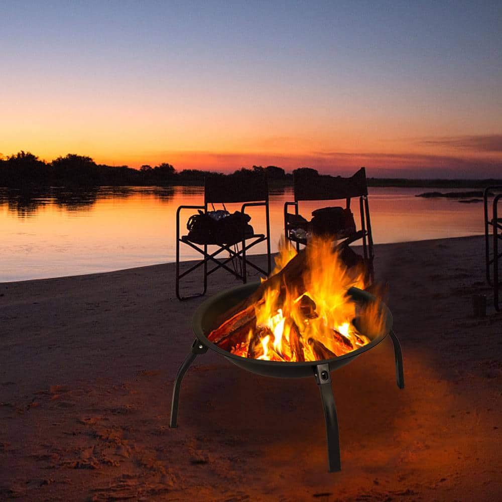 22 in. W x 18.1 in. H Foldable Round Metal Wood Burning Fire Pit in Black - Hercitys