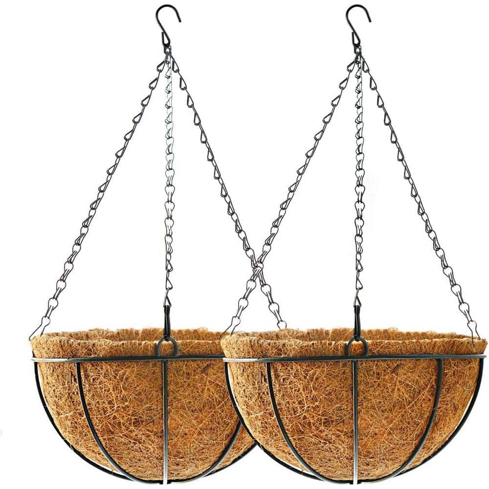 14 in. Brown Round Metal Hanging Basket Planter with Coco Fiber Liners (2-Pack) - Hercitys