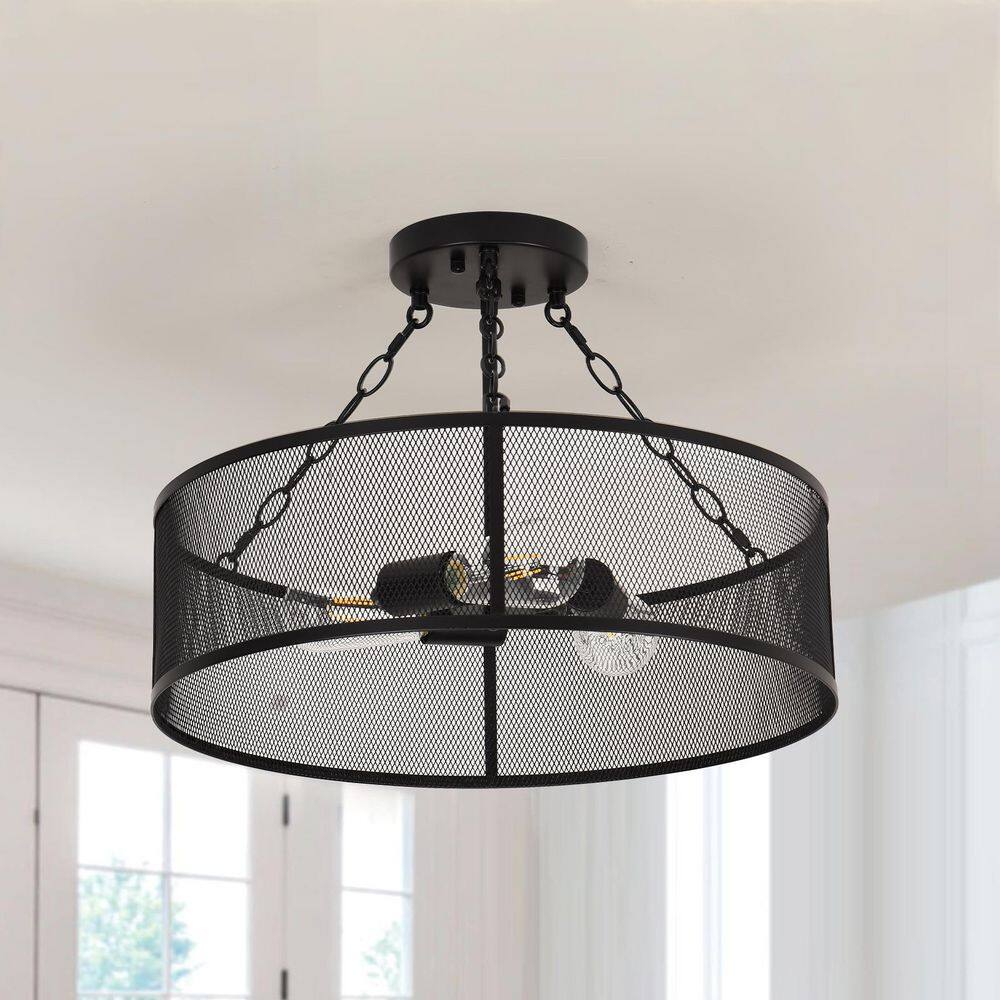 19.7 in. 3-Light Matte Black Drum Farmhouse Semi-Flush Mount with Metal Mesh Cage Shade - Hercitys