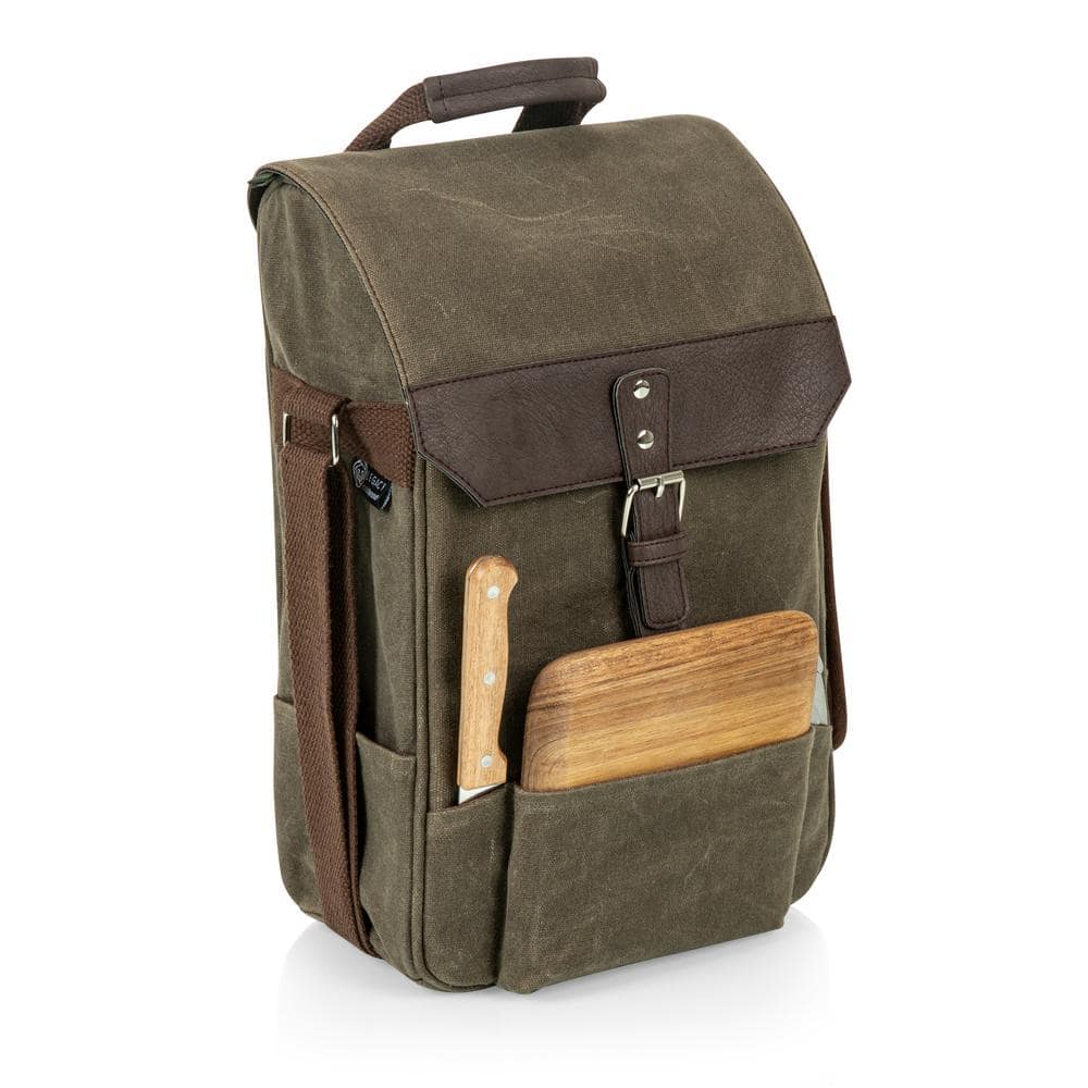 2-Bottle Khaki Green Waxed Canvas Wine Cooler Bag and Cheese Board Set - Hercitys