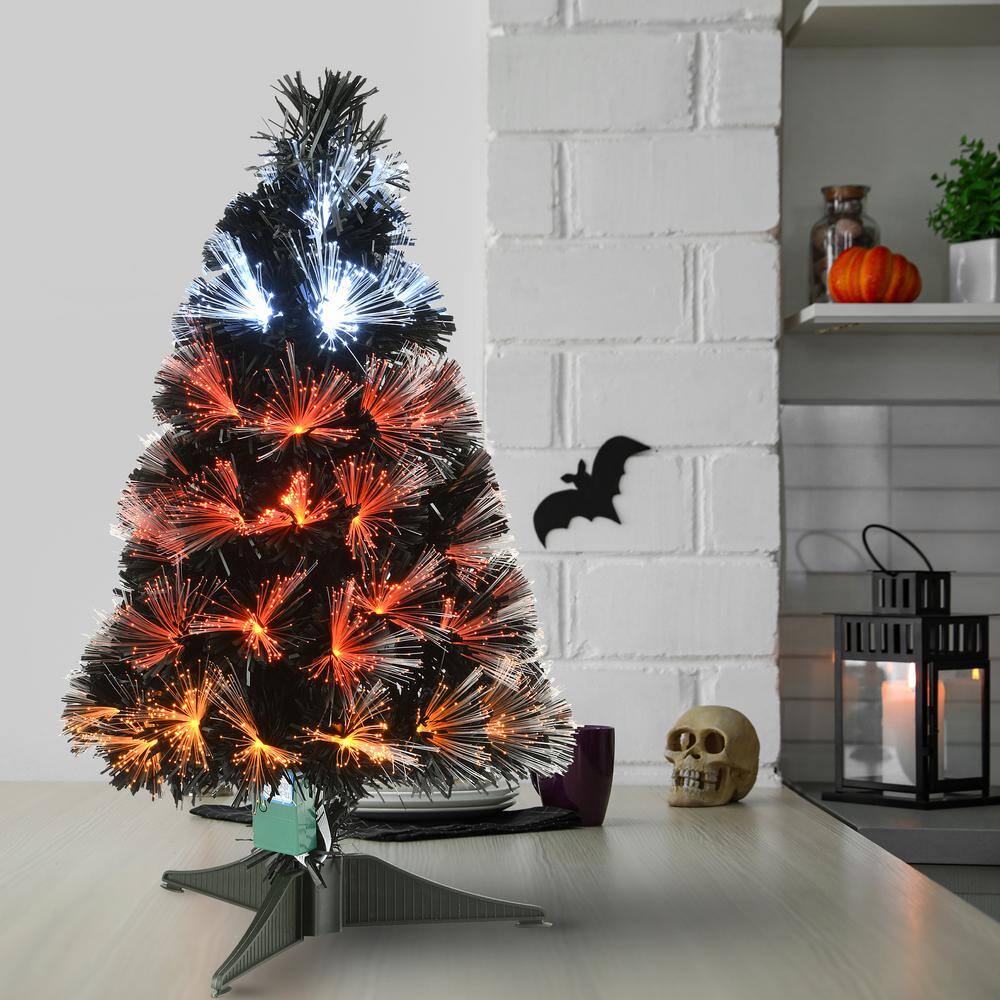2 ft. Black Fiber Optic Artificial Halloween Tree with Candy Corn Color Lights, 8 Functions - Hercitys