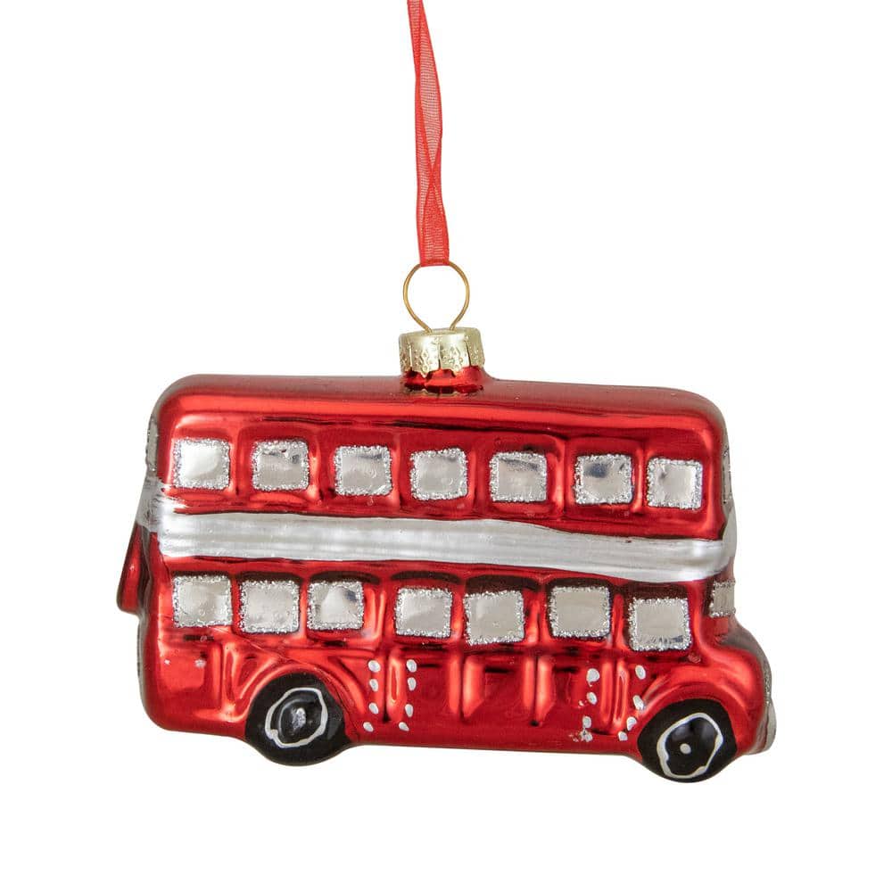 3.75 in. Red and Silver Double Decker Bus Glass Christmas Ornament - Hercitys