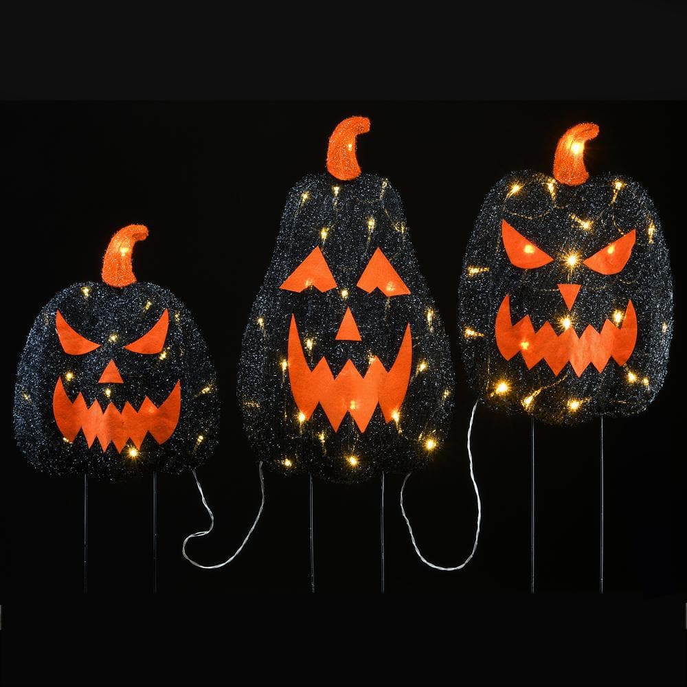 35 in. Pre-Lit Black Jack-O-Lantern Garden Stakes with LED Lights (Set of 3) - Hercitys