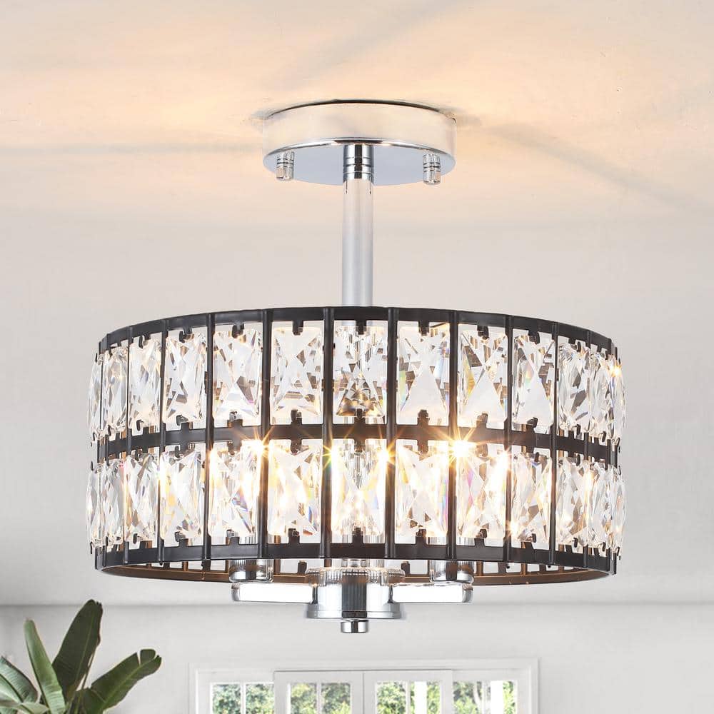 12.59 in. 3-Light Chrome Round Drum Semi-Flush Mount Ceiling Light with Clear Crystal and No Bulbs Included - Hercitys