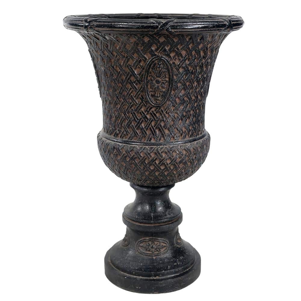 28 in. H Aged Charcoal Cast Stone Lattice Banded Urn - Hercitys