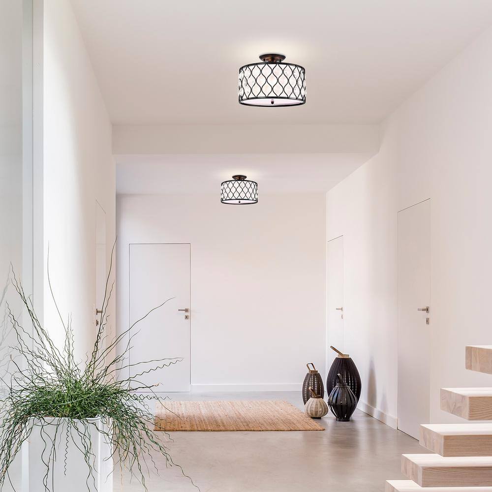 14 in. 3-Light Antique Black Finish Semi Flush Mount Chandelier with Crystal Spheres - Hercitys