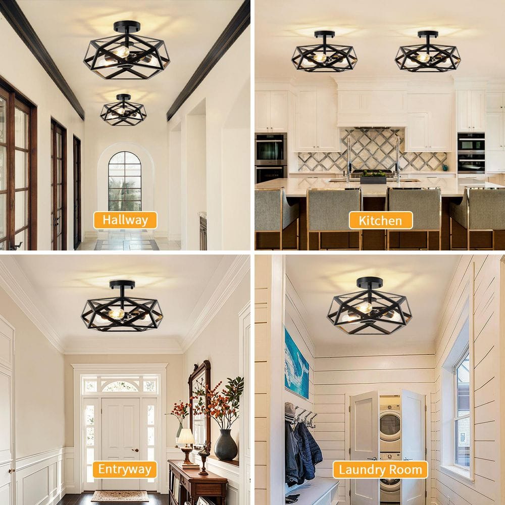 16.1 in. 3-Light Black Geometric Semi Flush Mount Ceiling Light with No Bulbs Included - Hercitys