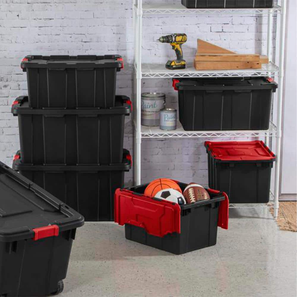 27-Gallon Durable Rugged Industrial Tote w/Red Latches in Black (4 Pack) - Hercitys