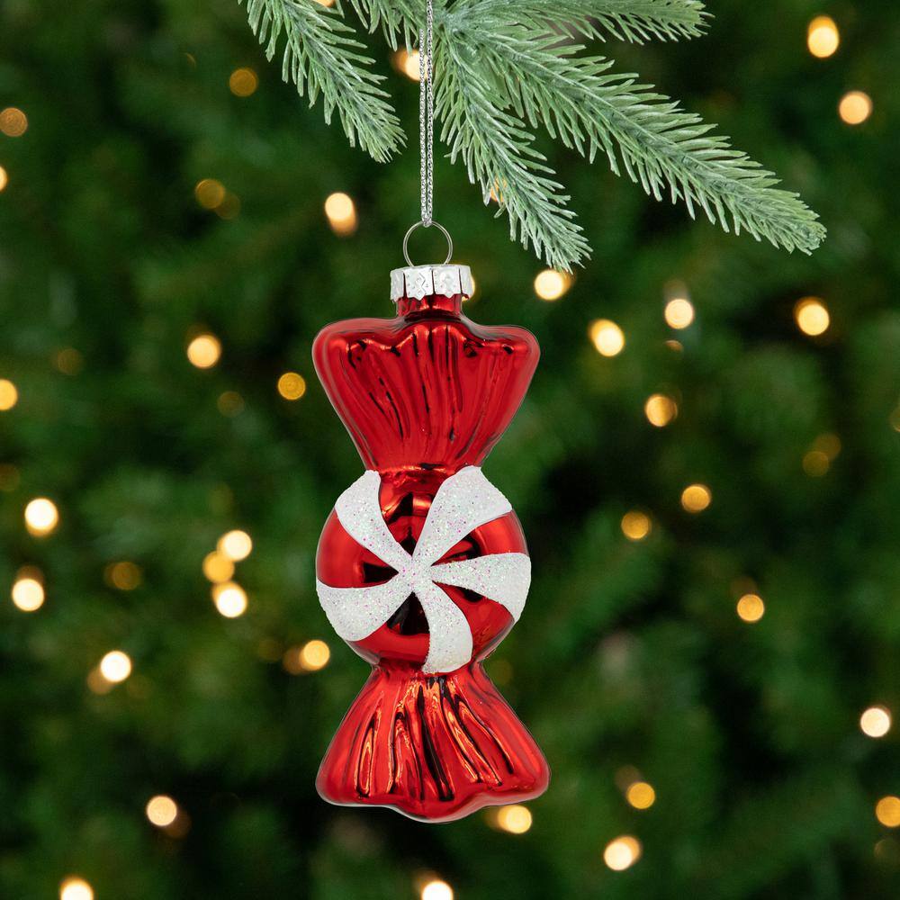 4 in. Shiny Red and White Glittered Candy Christmas Glass Ornaments (Set of 2) - Hercitys