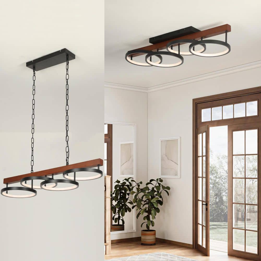 4-Light Integrated LED Black Ring Flush Mount Ceiling Light, Modern Dimmable 32W Chandelier with Remote Flush Or Pendant - Hercitys