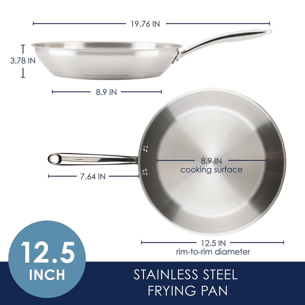 12.5 in. Professional Stainless Steel Induction Frying Pan / Skillet, Dishwasher Safe, Silver - Hercitys