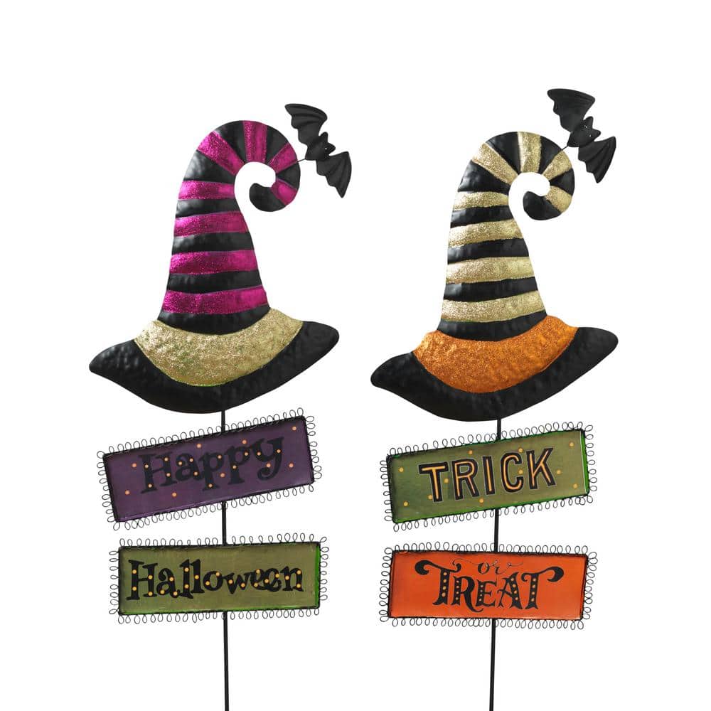 37 in. Metal Witch’s Hats with Halloween Signs Yard Stake (Set of 2) - Hercitys
