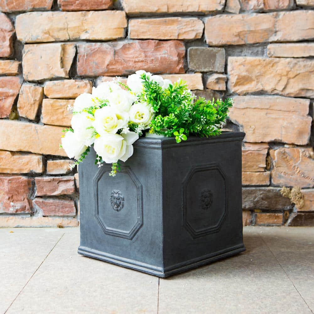 12.6 in. Antique Rust Color Lightweight Concrete Lion Head Square Medium Planter - Hercitys