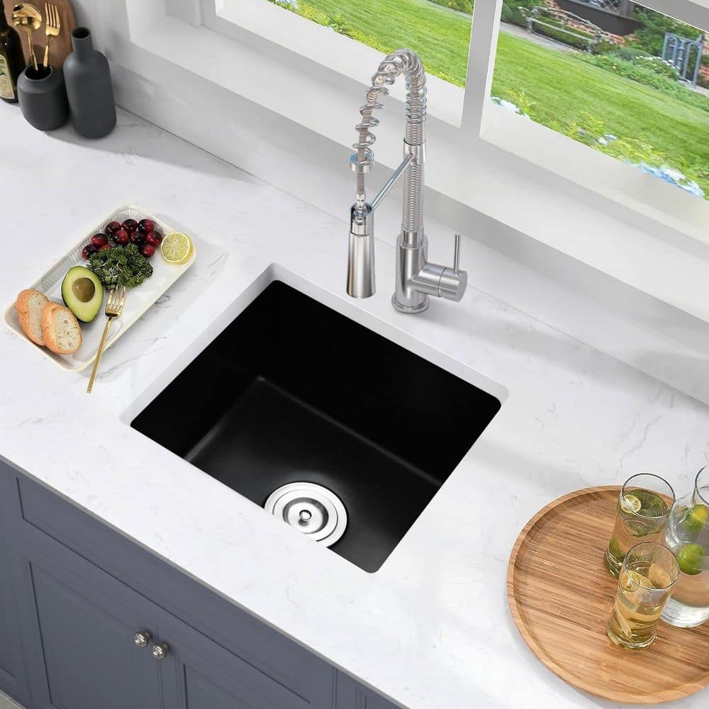 18 in. Undermount Single Bowl Matte Black Quartz Kitchen Sink with Basket Strainer - Hercitys