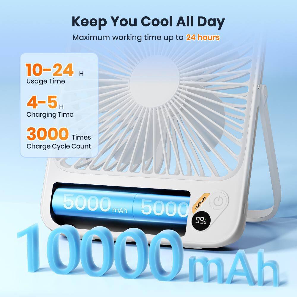 5 in. 4-Speeds Personal Fanin White,  10000mAh, Ultra-thin Digital Display Mini Desk Fan for Bedroom, Camping - Hercitys