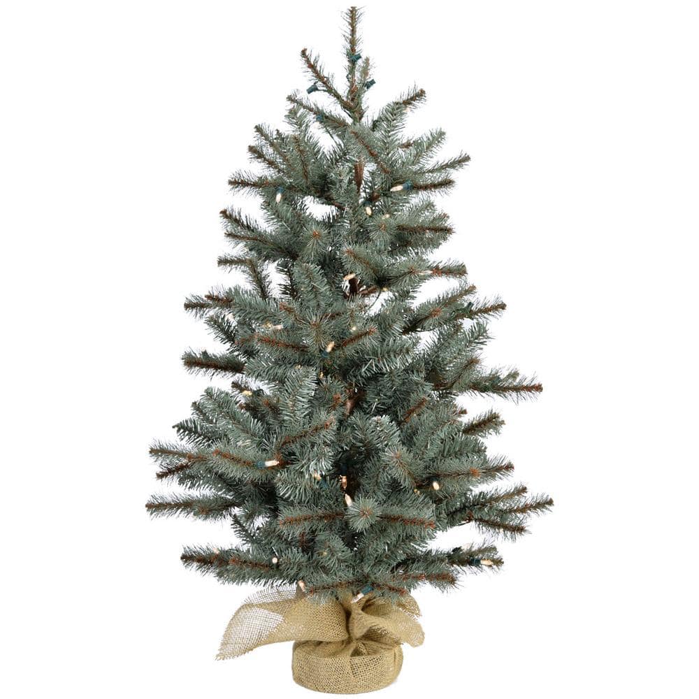 4 ft. Prelit Yardville Pine Artificial Porch Christmas Tree with Brulap Base and LED String Lights - Hercitys