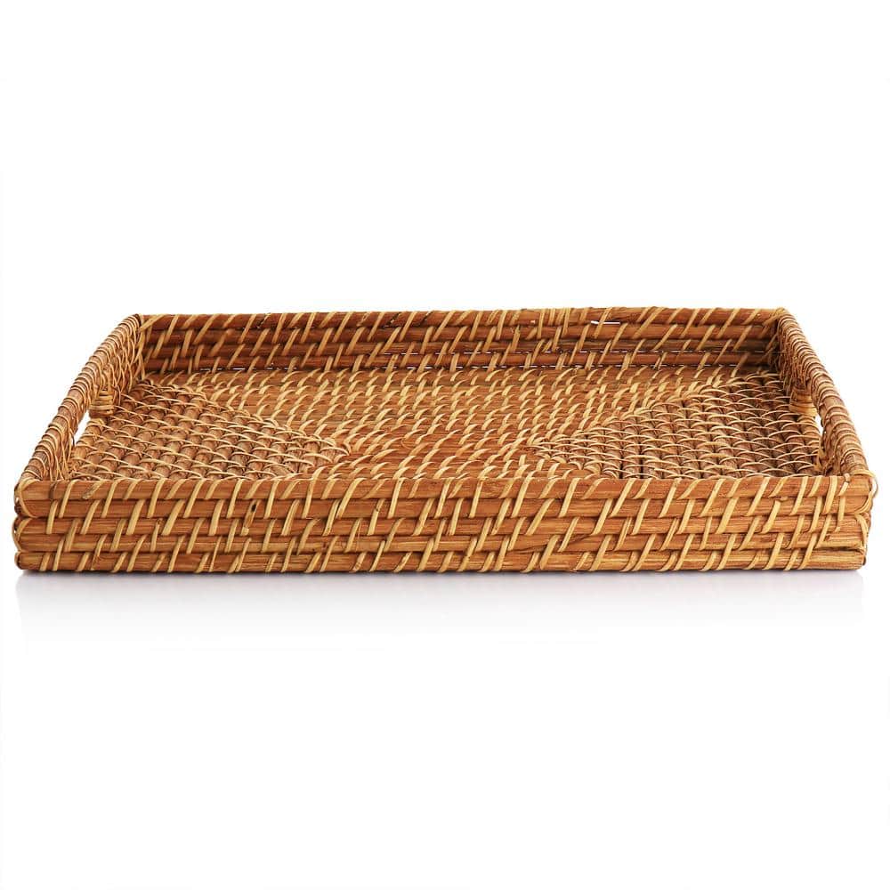13 Inch x 16 Inch x 1.75 Inch Rattan Woven Serving Tray in Brown - Hercitys
