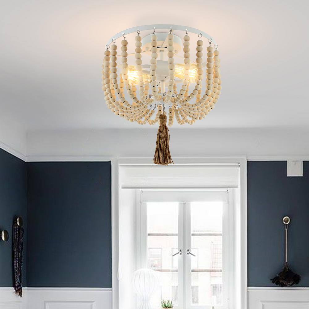 13 in. 2-Light White Flush Mount with Wood Beaded Shade - Hercitys