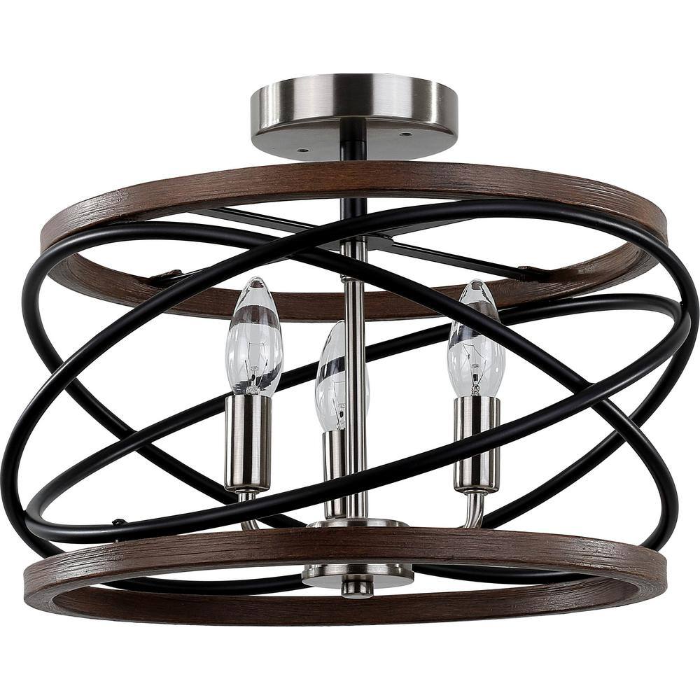15.75 in. 3-Light Brushed Nickel and Walnut Ringed Candelabra Semi- Flush Mount - Hercitys