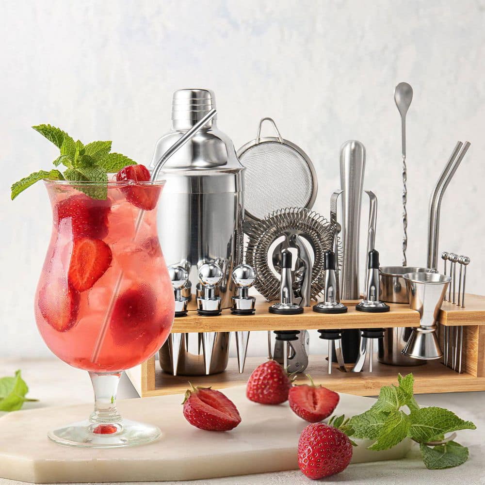 26-Piece Silver Stainless Steel Bar Tool Set, Cocktail Shaker Jigger Mudller Utility Cup Included - Hercitys