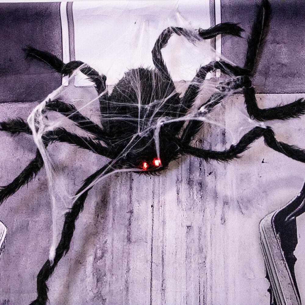 3.5 in. Battery Operated Spider with Web and Red LED Eyes Halloween Prop - Hercitys