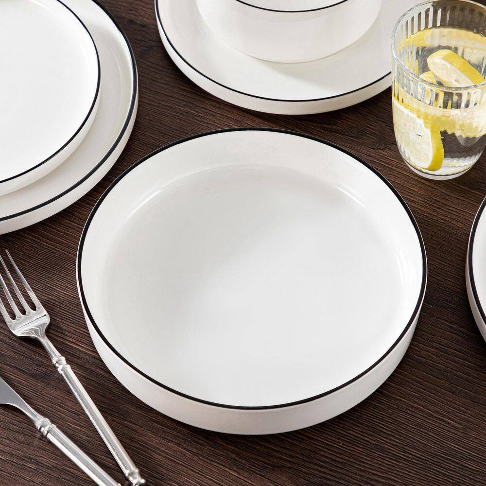 16-Piece White Black Rim Porcelain Dinnerware Set Service for 4-Bowls and Plates Set Tableware Round Dinner Set - Hercitys