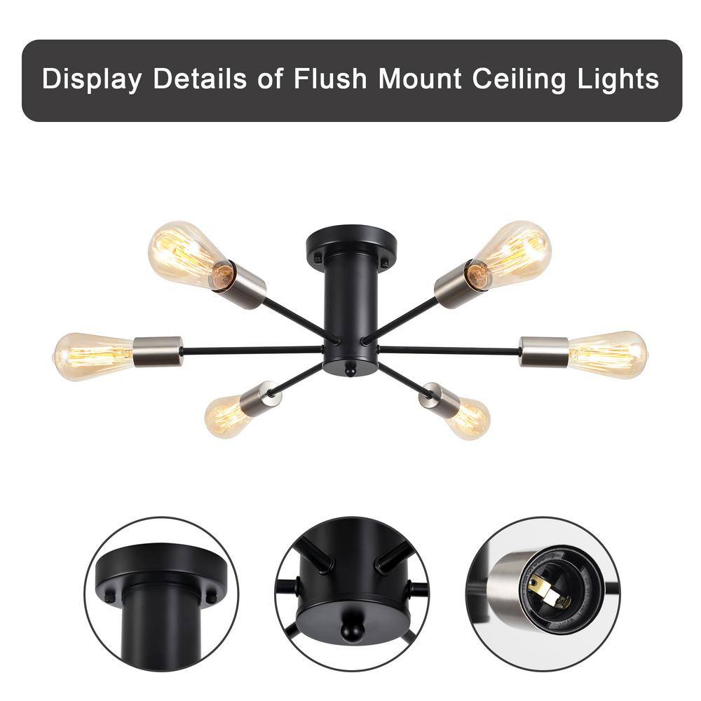 21.84 in. 6-Light Black and Nickel Sputnik Transitional Flush Mount Ceiling Lights - Hercitys