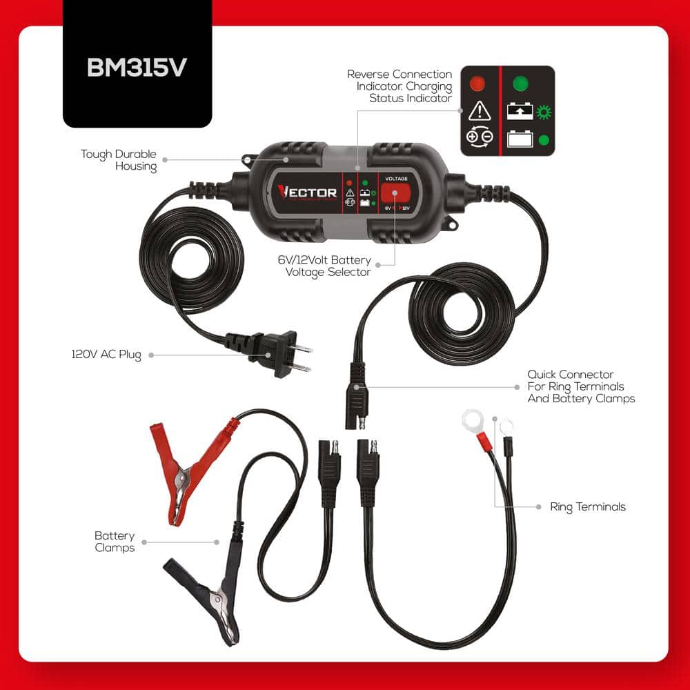 1.5 Amp Battery Charger, Battery Maintainer, Trickle Charger, 6V and 12V, Fully Automatic - Hercitys