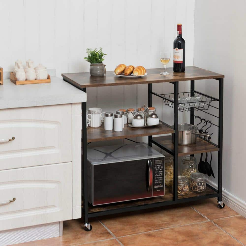 35 1/2 in. W Metal Frame Brown Engineered Wood Shelf Small Rolling Kitchen Cart Trolley on the Wheels - Hercitys