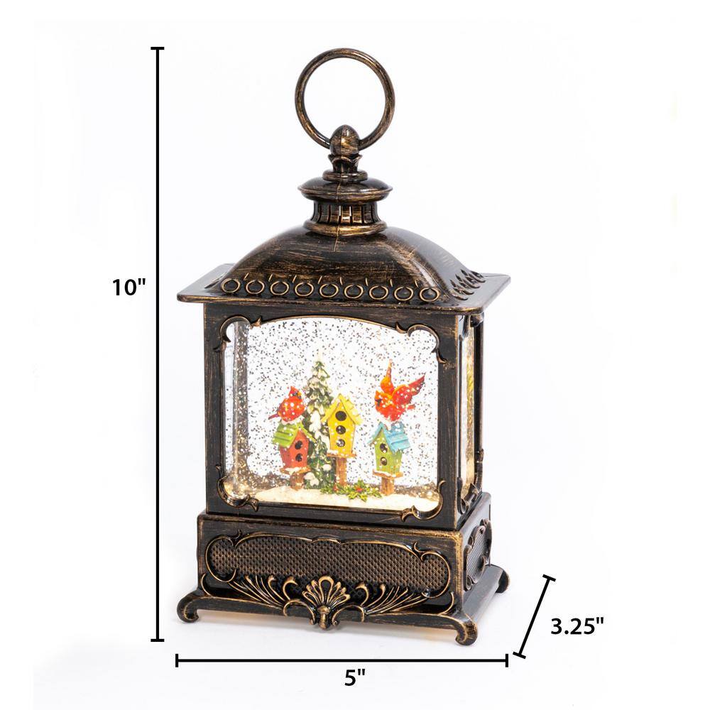 10 in. H B/O Lighted Spinning Water Globe Lantern with Cardinal Design - Hercitys