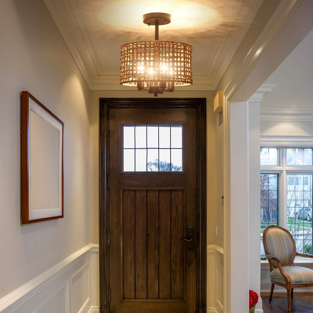 11.8 in. 4-Light Black Farmhouse Drum Semi-Flush Mount Ceiling Light Fixture with Hand Woven Shade - Hercitys