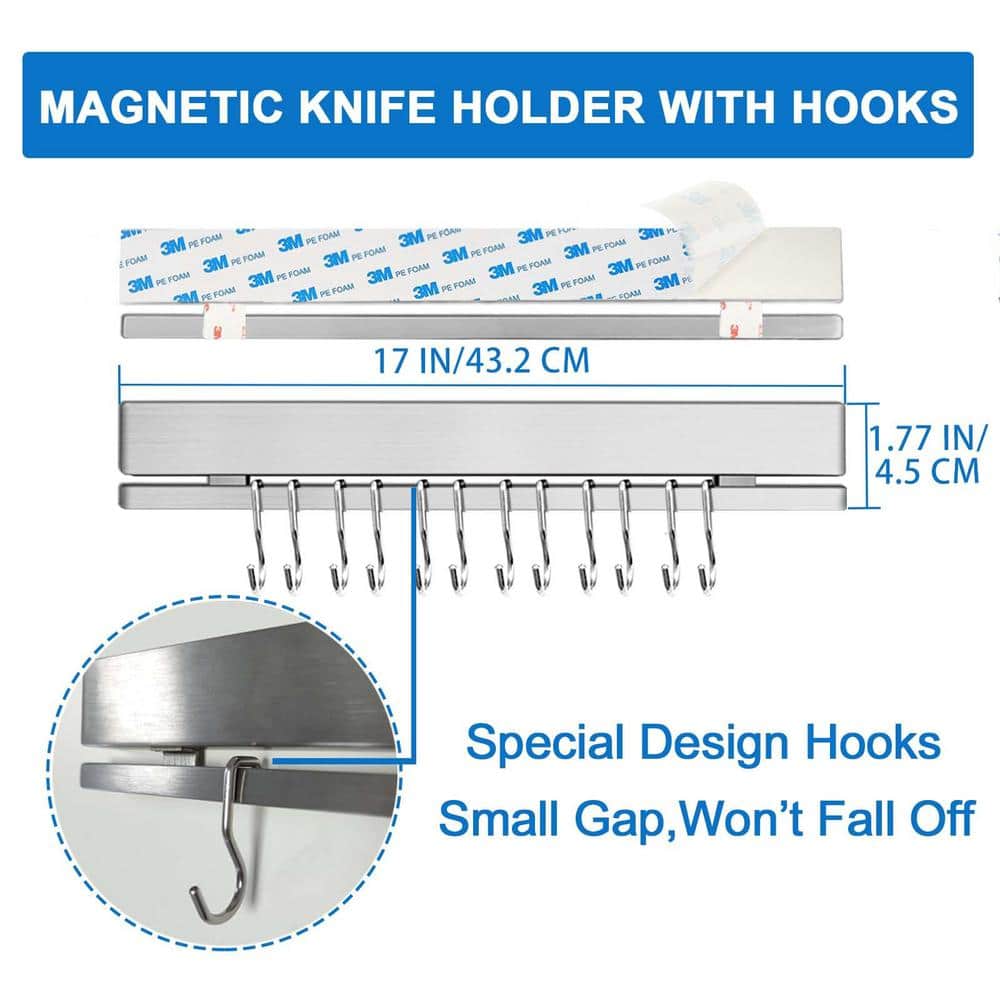5-Knife 17 in. 304 Stainless Steel Magnetic Knife Strip, Magnetic Knife Bar with 12 Hooks and 3 Mounting Options - Hercitys