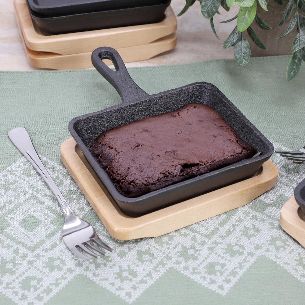 4 Piece 5in. Mini Cast Iron Square Frying Pan with Wood Tray - Hercitys
