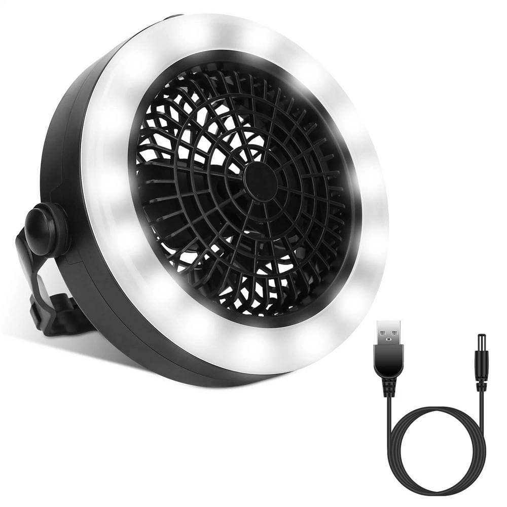 3 in 1 Power Supply Modes Mini Portable Micro-USB Powered 8 in. 1 Fan speeds Desk Fan Black with LED Light Hanging Hook - Hercitys