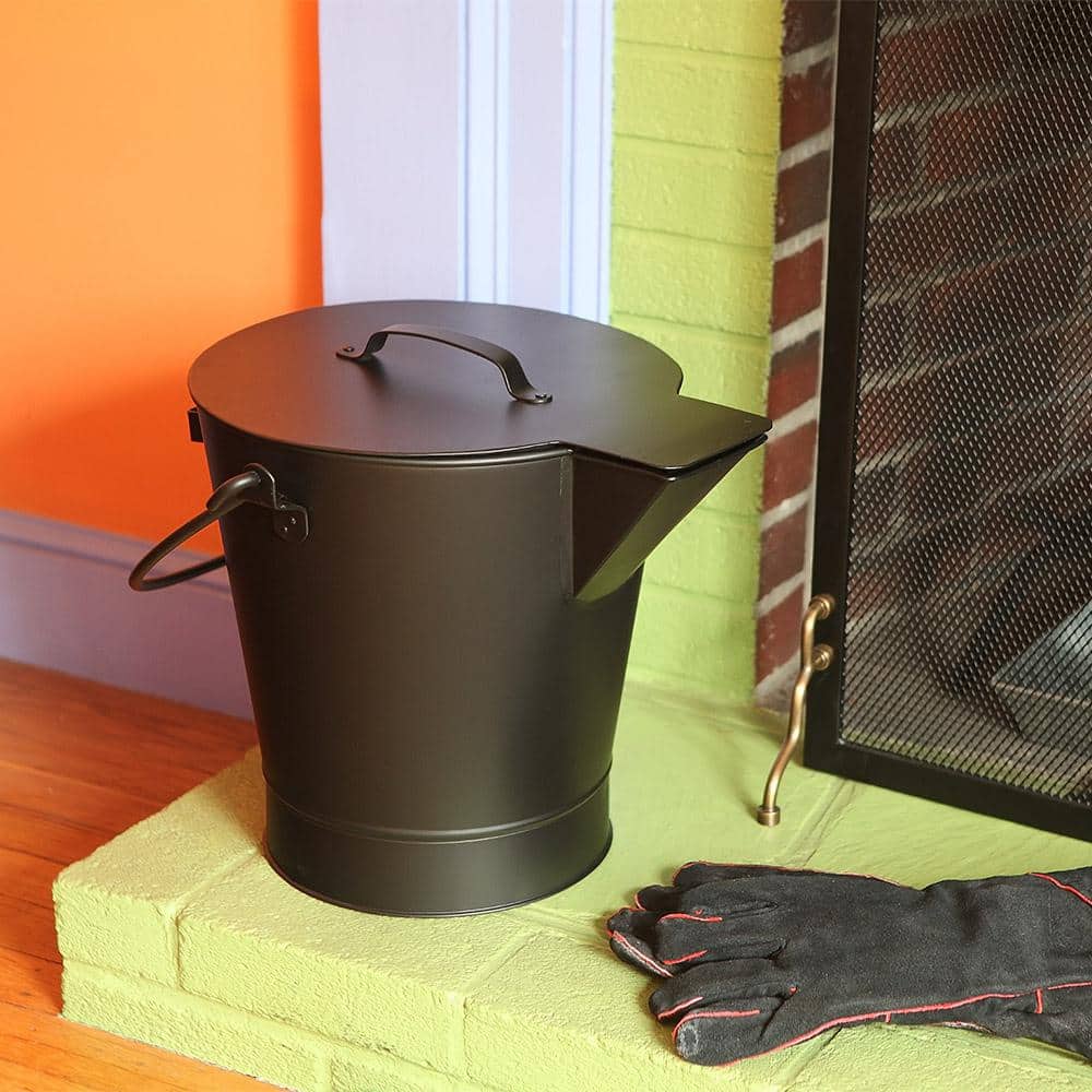 13 in. Tall Black Versatile Round Ash Bucket with Cover and Handles - Hercitys