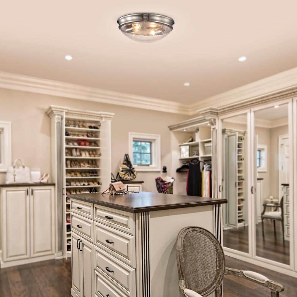 13 in. 2-Light Brushed Nickel Modern Flush Mount with Seeded Glass Shade - Hercitys