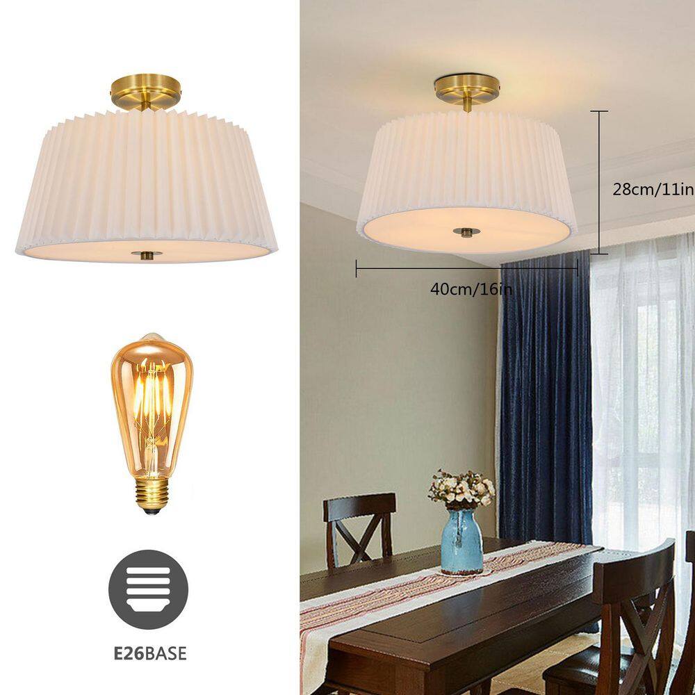 16 in. Modern 3-Light White Fabric Semi-Flush Mount Ceiling Light with Pleated Shade - Hercitys